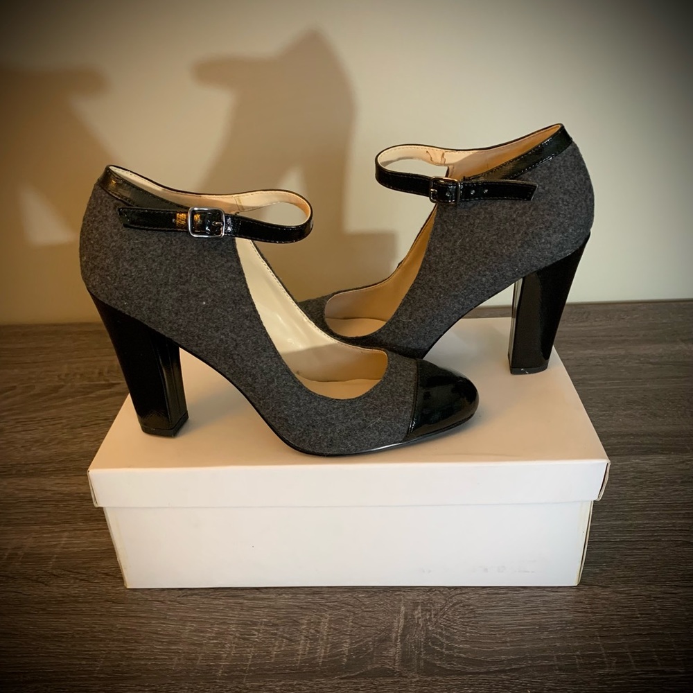 Nine West ladies heels, grey suede, size 9.5, heel 4”.